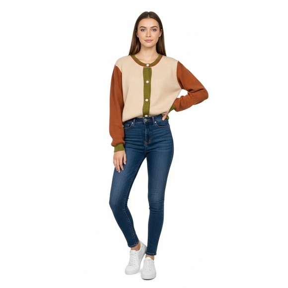 Sweet Lemon Color Block Ribbed Knit Sweater Women's Size Large Pearl‎ Buttons - Picture 2 of 12